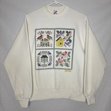 Vintage 80s Jerzees Spring Cross Stitch Birds White Sweatshirt Sz S Made in USA