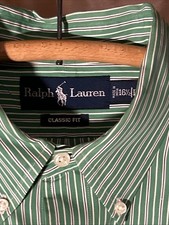 RALPH LAUREN Men's L/16.5 Button Up Shirt PONY Green White Excellent Classic Fit