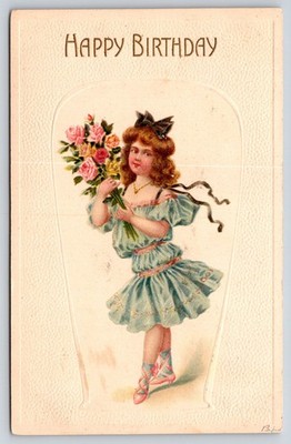 Ballerina Girl Holds Bouquet Of Roses Close To Cheek~Emb~c1910 Vintage Postcard
