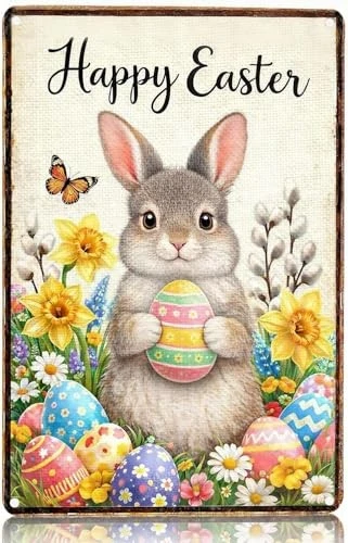 Happy Easter Bunny Sign Vintage Metal Tin Decorations For White Wall Decor