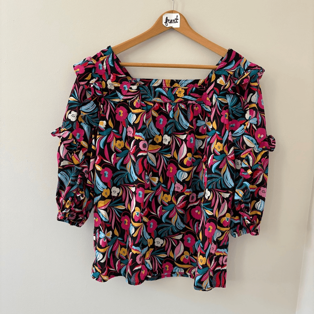 Black Pink Abstract Floral Ruffled 3/4 Sleeve Blouse Square Neck Artsy ...