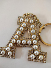 Monogram Letter "A" Large White Beaded Accents Clip Keychain