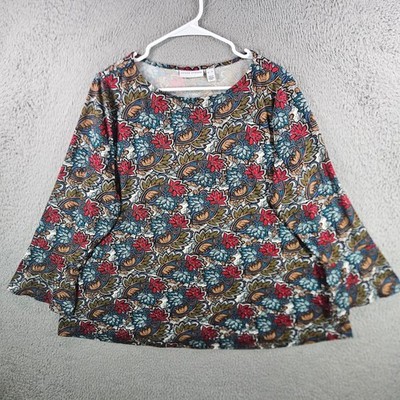 Susan Graver Liquid Knit Floral Paisley Top Red Blue XL Long Sleeve Scoop Neck