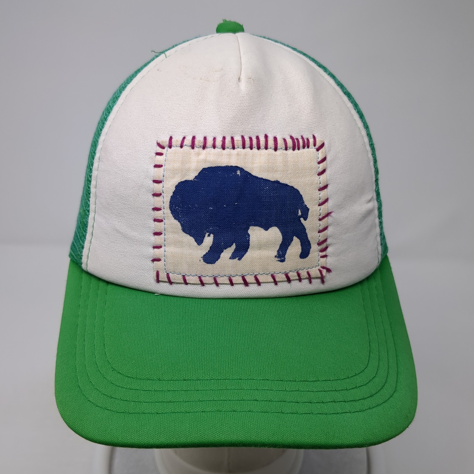Bison Patch Snapback Mesh Back Trucker Hat Green … - image 2