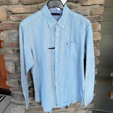 Tommy Hilfiger's Signature Cotton Linen Men's Button Down Shirt L XL Blue NWT