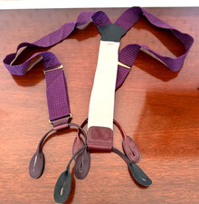 Vintage Torino Suspenders Y Back Leather Button Tab Braces Purple Textured Beige