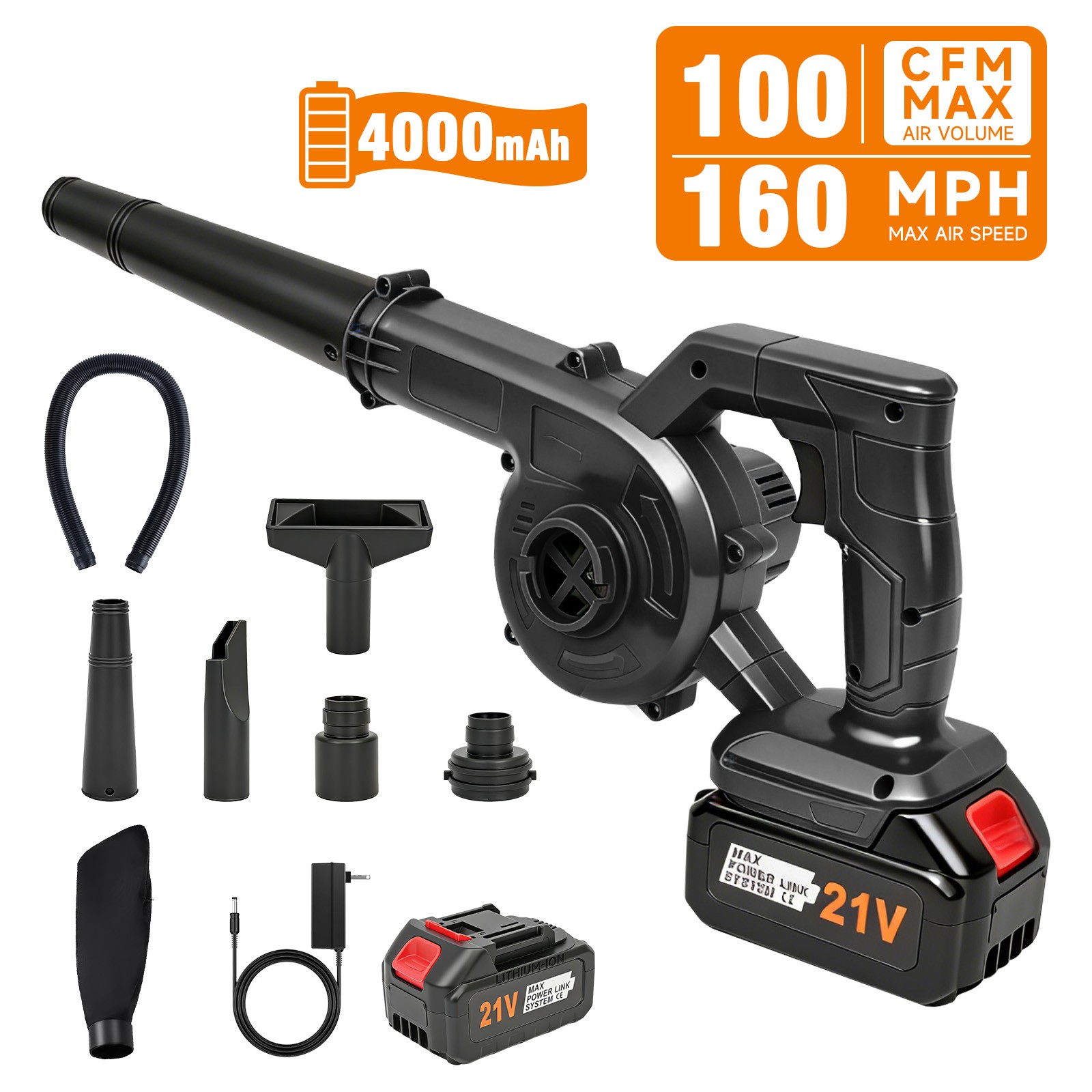 Cordless Leaf Blower & Vacuum 160MPH & 19000RPM Air Snow Blower w/ Battery 4.0Ah