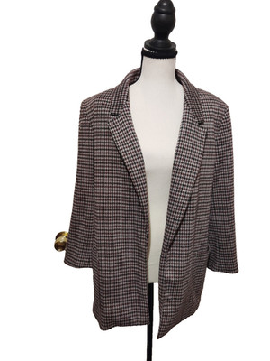 NINE WEST BLAZER WOMEN'S LARGE BURGUNDY BLACK HOUNDSTOOTH OPEN FRONT CAREER