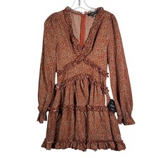 Lulus Rust Orange Floral Ruffle Tiered Long Sleeve Mini Dress Womens Small NEW