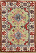 Pistachio Green Geometric Accent Rug 3x5 Super Kazak Hand-made Foyer Carpet