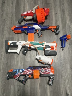 Nerf Starter Package Lot 5 Blasters Tri-Strike Motostryke Clips And Drums 