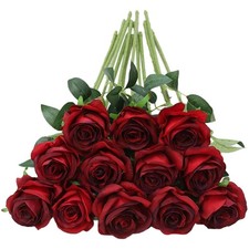 12pcs Red Roses Artificial Flowers,Realistic Long Stem Fake Silk Roses Bouque...