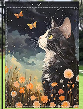 "New" Tuxedo Cat In The Flowers, Two-Sided Burlap Type Outdoor Garden/Yard Flag