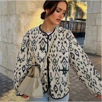 Zara Quilted Bomber Jacket Size Medium Cream Green Navy Multicolor Pattern EUC