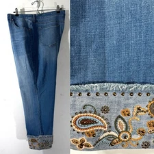 Chico's So Slimming Girlfriend Ankle Jeans Paisley Embroidered Cuff Size 20 Boho