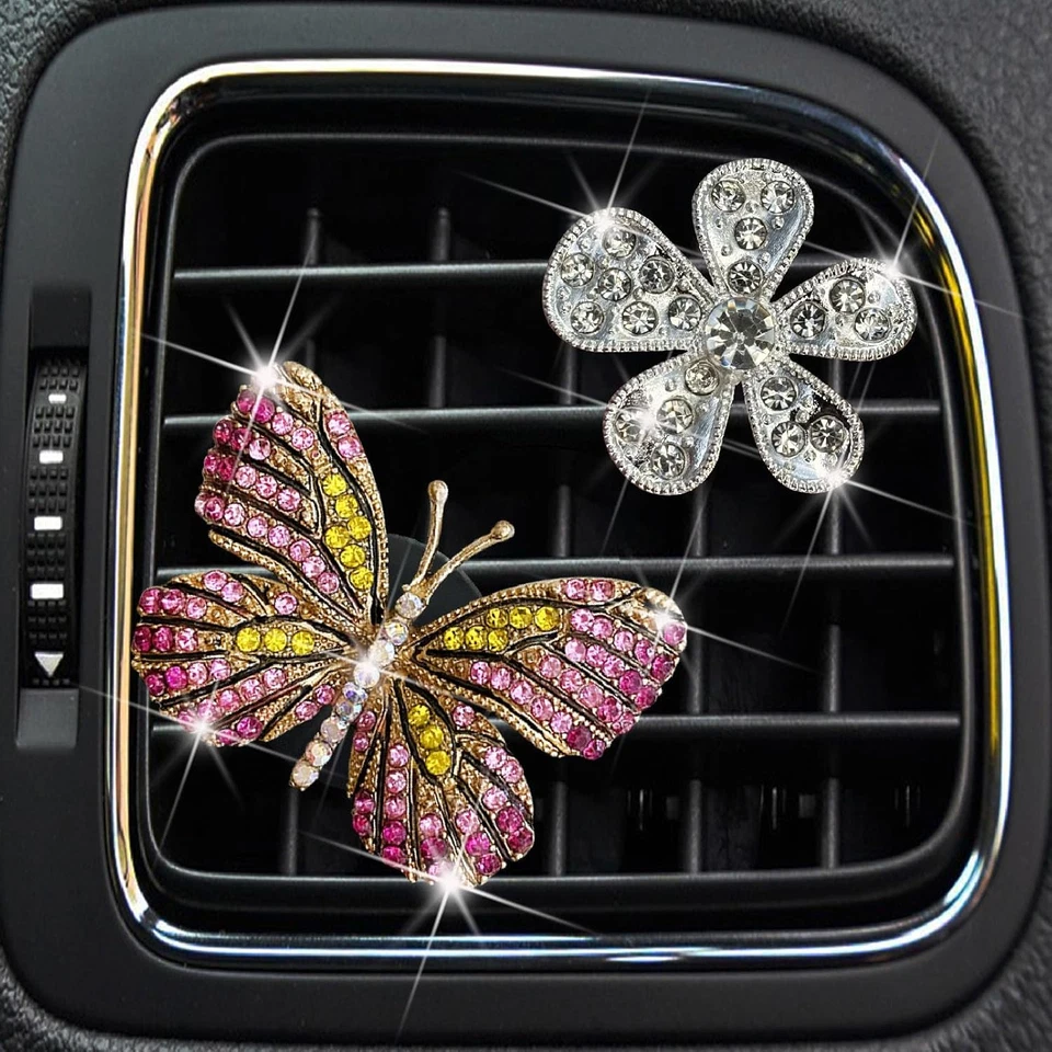 2Pcs Pink Bling Butterfly Silver Daisy Flower Car Air Vent Clips,Rhinestone Car - Image 4 of 4