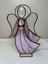 Vtg Stained Glass Angel Pink Dress Textured Clear Wings Holding Hymn Book Pretty