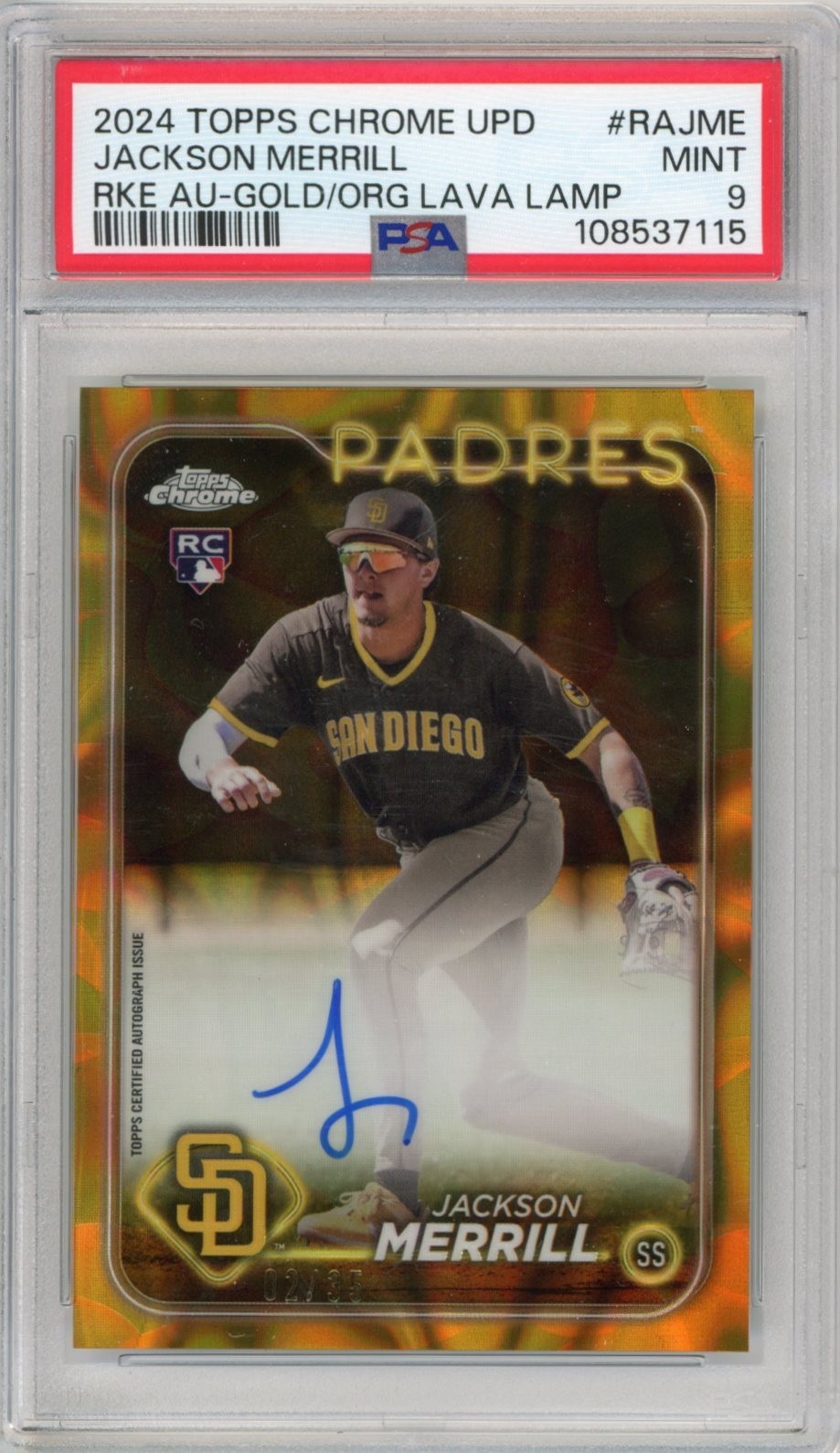 2024 Topps Chrome Sapphire Orange Lava Lamp Jackson Merrill /25 Auto RC PSA 9