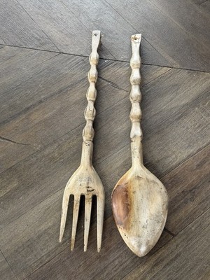 MID CENTURY WOOD FORK SPOON WHITE HAWAIIAN TIKI TOTEM 40'' WALL HANGING ART SET