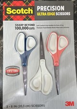 3M Scotch Precision Ultra Edge Scissors 8'' 3'' Blade 3 Ct: Pink, Blue, White