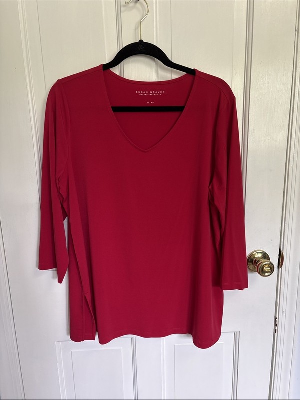 Susan Graver Modern Essentials Liquid Knit Tunic V-Neck Red 3/4 Sleeve Size PXL