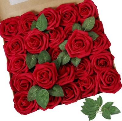 AmyHomie Artificial Flowers Dark Red Rose 50pcs Real Looking Fake Roses w/Stem f