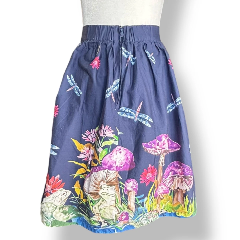 ModCloth Skirt Frogs Mushrooms Dragonflies Animal Print A-line Size Small Navy - Image 2 of 4