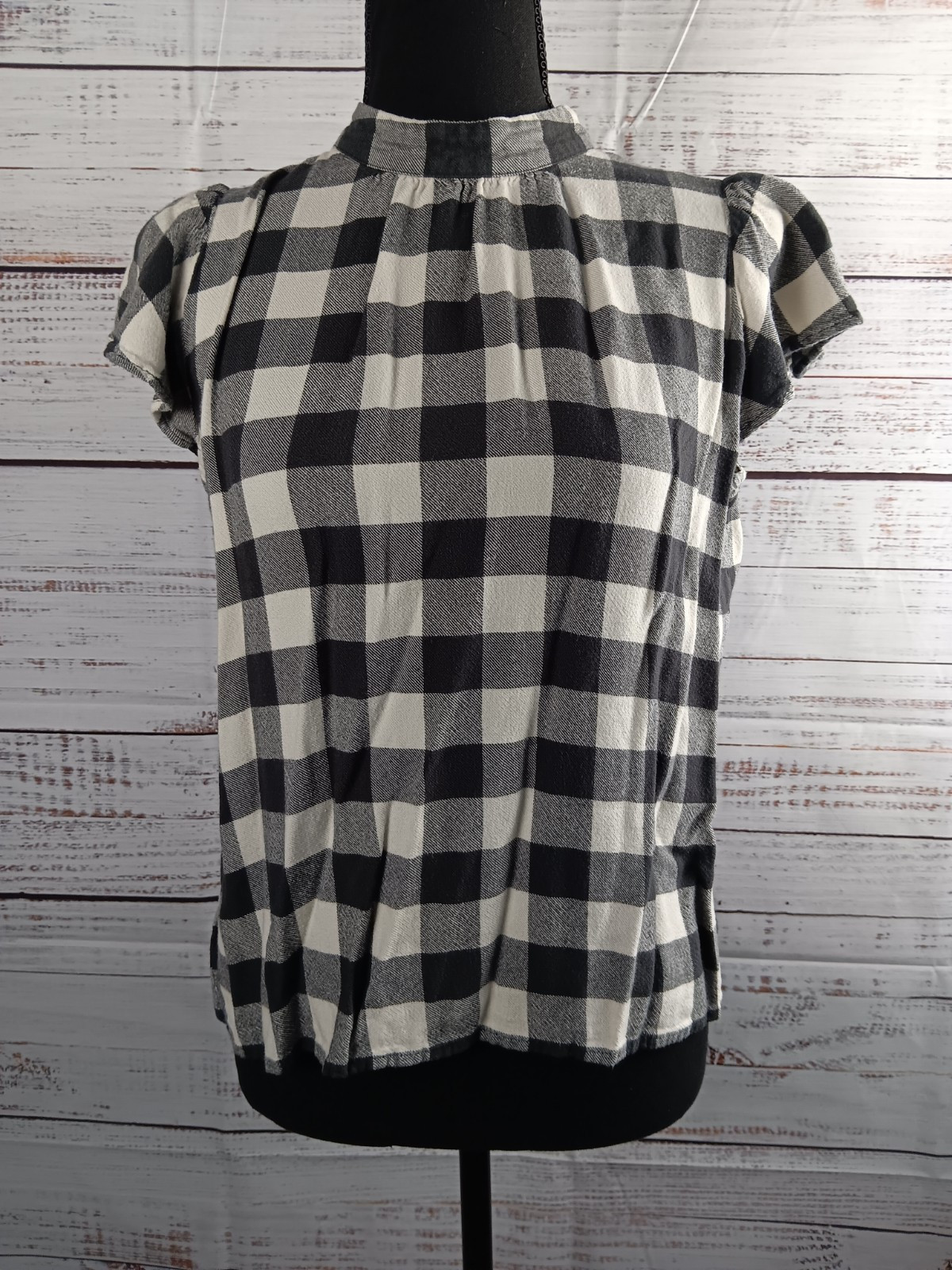 Ann Taylor Factory Bluse Checker Women's  Medium White Black Black Mock Neck