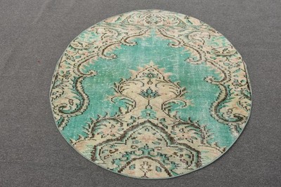 4,2x4,2 ft Vintage Rug, Turkish Round Rug, Green Plants & trees Wool Rug