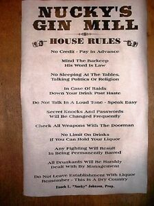 GANGSTER NUCKY/'S GIN MILL SPEAKEASY HOUSE RULES PROHIBITION POSTER 11/"x17/" 172