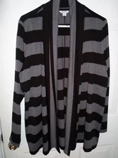 NAUTICA Sz XL Open-Front Striped Cardigan Shawl Collar Black & Gray Poly/Ray/Spx