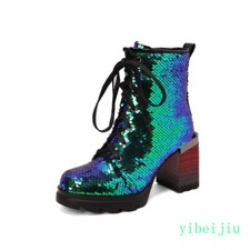 Womens High Block Heel Ankle Boots Sequins Lace Up Knight Shoes Performance Lady