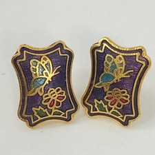 Vintage Cloisonne Butterfly Earrings Stud Post Purple Gold Tone