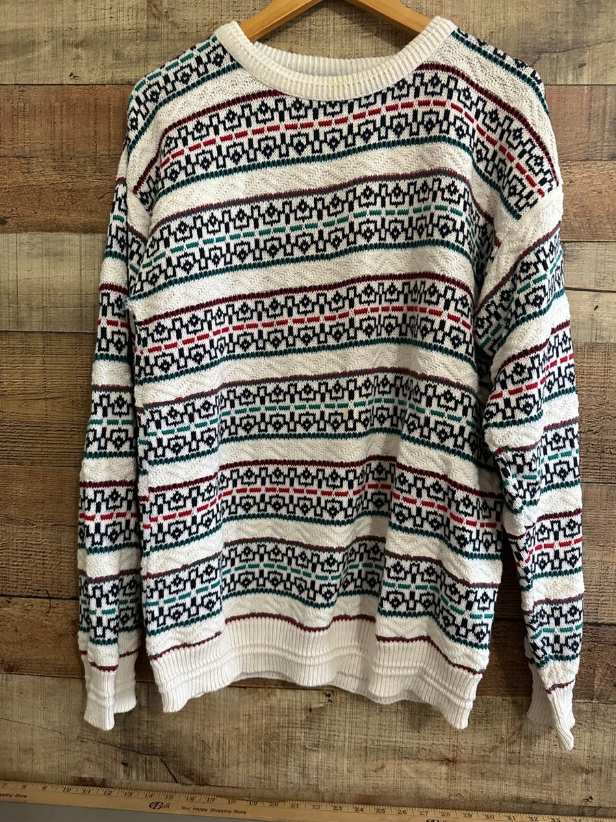 VINTAGE Jantzen Sweater Mens Large Beige Green Red Biggie VINTAGE Jantzen Sweater Mens Large Beige Green Red Biggie