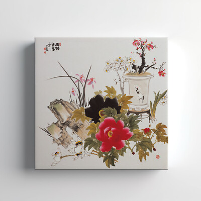 Chinesische orientalische Blumen Leinwandbild Wandbild, stilvolle Wohndeko Wandbehang