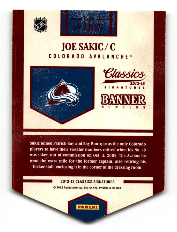2012-13 Panini Classics Signatures Banner Numbers Joe Sakic #EN27 Colorado - Image 2 of 2