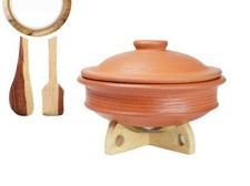 Terracotta Clay Pottery Mud Pot Earthen Handi Cooking Serving With Lid Red 2 L