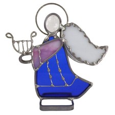 VINTAGE STAINED GLASS ANGEL  HARP / SUNCATCHER / BLUE  PURPLE HAND-CUT GLASS