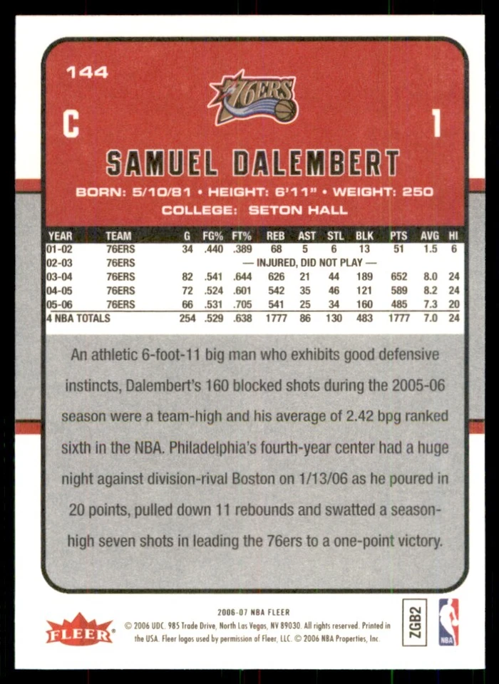 2006-07 Fleer。 Samuel Dalembt 100 费城 76 人队 #144 — 第 2/2 张图片