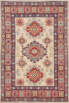 Tribal Ivory Wool Hand-knotted Geometric Super Kazak Oriental Accent Rug 3'x4'