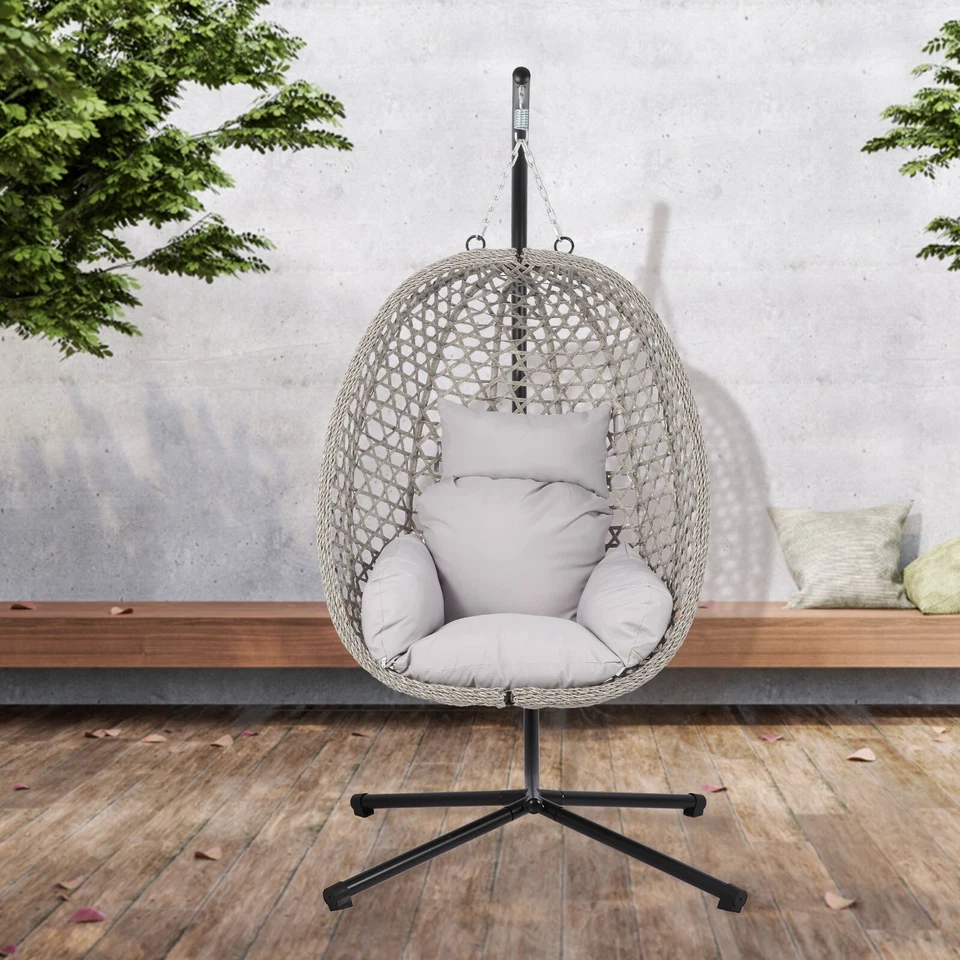 Hanging Egg Chair w Stand Rattan Wicker Swing Chair w Cushions 4 Indoor/Outdoor - image 2 of 4