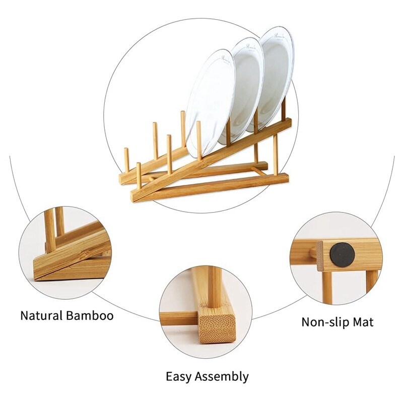 2 PCS Wooden Dish Rack Bamboo Plate Rack Stand Pot Lid Holder, Dish