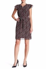 Nine West Poppy Red Printed Short Flutter Sleeve w/Pintuck Detail Chiffon Dress