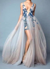 $5,000 BERTA 19-53 Sequin Embroidered Tulle Long Maxi Gown Dress US 4 6 / EU 38