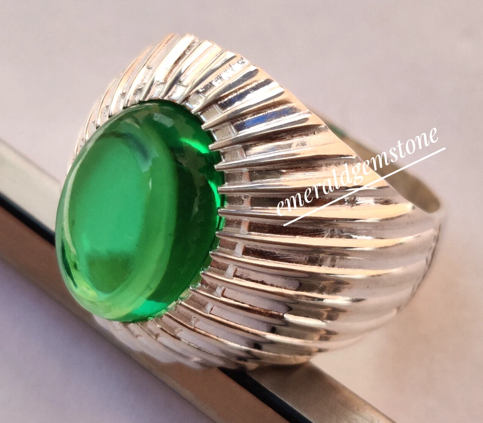 Green Emerald Gemstone Men's Ring 925 Sterling-Silver Handmade Ring Wedding Ring - Image 2 of 4