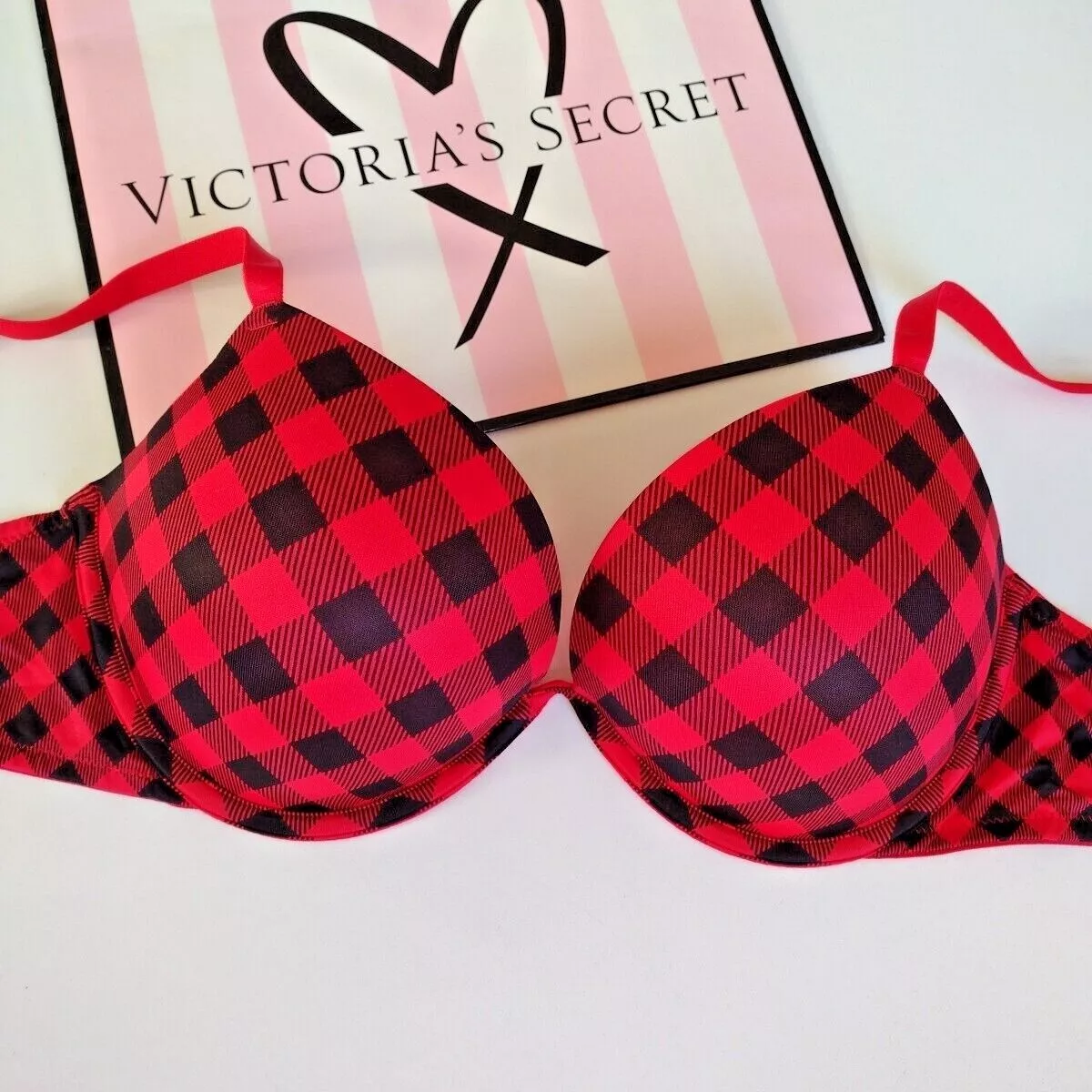 VICTORIA'S SECRET PINK Super Push-Up Red Plaid Bra VS 36A 36B 36C 36D 38B  38C 40