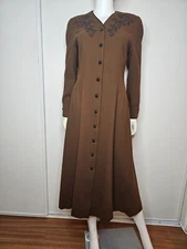 VTG Rare Brown Cottagecore Dress  Long Sleeve Midi | Embroidered Button Front