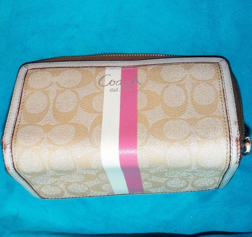 Coach Light Khaki Pink Heritage Stripe Accordian Zip Around Logo C Wallet 43554 - Picture 8 of 8