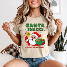 Santa Snacks Christmas Holiday Cartoon Womens T-Shirt Festive Crunch
