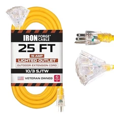 25 Foot Lighted Outdoor Extension Cord with 3 Electrical Power Outlets - Yellow